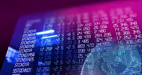 A digital interface displaying stock market data with numbers, graphs, and charts. The blue and pink hues create a futuristic feel. A faint globe outline is visible in the background, indicating a global market perspective.