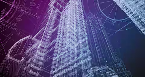 A digitally rendered architectural blueprint of a skyscraper complex, with intricate details of the building structures. The background features gradient shades of purple and blue, emphasizing the technical lines and highlighting the precision of the design.