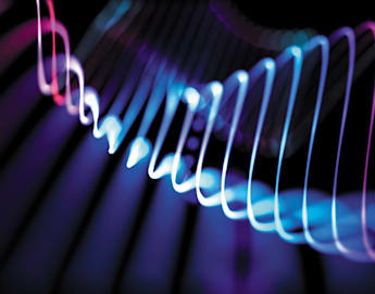 An abstract image of a sinuous, glowing line in shades of pink and blue against a dark background. The line is intertwined, resembling a spiral or helix, and is surrounded by blurred light streaks and dark shadows, creating a dynamic, futuristic effect.