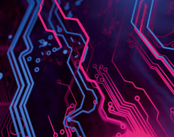 Abstract close-up of a circuit board design with glowing blue and pink lines interwoven against a dark background. The lines create intricate, futuristic patterns, highlighting the complexity of the electronic components.