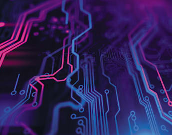 A close-up view of a circuit board with intricate patterns and connections, illuminated with neon pink and blue lights, creating a futuristic and high-tech atmosphere. The colors blend and intertwine, highlighting the detailed pathways on the board.