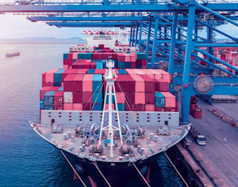 A large cargo ship with multiple colorful containers docked at a port. Blue cranes are positioned on the right, unloading or loading the containers. The sun is setting in the background, casting a pinkish hue over the water and sky.