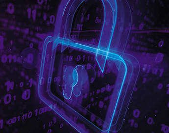 A bright, glowing padlock icon in neon blue is displayed at the center against a dark background filled with floating binary code in shades of purple. The image conveys themes of digital security and encryption.