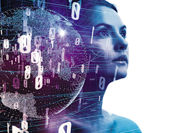 A woman's profile is digitally overlaid with binary code (0s and 1s), data particles, and a glowing sphere, creating a futuristic and technologically advanced aesthetic. The image blends human and digital elements in a high-tech conceptual design.