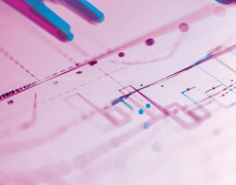 A close-up view of a pastel-colored abstract digital circuit board with interconnected lines and dots. The image is overlaid with shades of pink, blue, and purple, giving it a soft, futuristic feel.