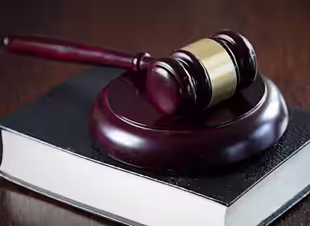 A wooden judge’s gavel rests on its sound block, placed on top of a closed hardcover book with white pages, all set on a dark wooden surface.