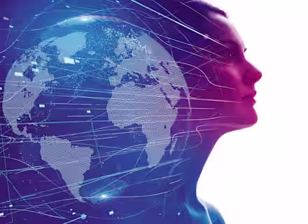 A profile of a woman's face is shown with a digital globe and interconnected data lines overlaying her silhouette. The left side is filled with blue tones and technological elements, while the right side is bathed in a pinkish light, signifying a fusion of human and tech.