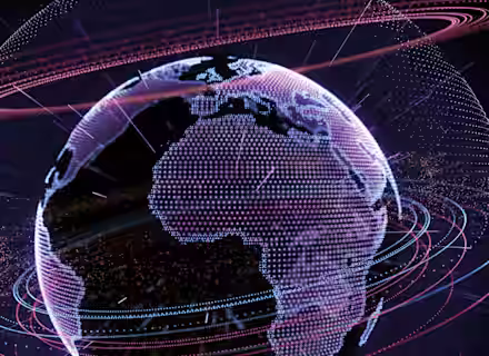 A digital representation of Earth with focus on Africa, showcasing a network of glowing points and interconnected lines. Surrounding the globe are various circular data trails and bright streaks, symbolizing global connectivity and data exchange.