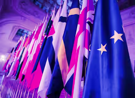 A row of international flags is displayed in an ornate indoor setting with a soft purple lighting. The focus is on the European Union flag with yellow stars, among other colorful flags. The background shows elegant architectural details.