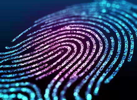 A close-up of a digital fingerprint illustration with vibrant colors. The fingerprint has intricate, curved lines and is depicted in shades of blue and purple, with a glowing effect against a dark background. The image represents biometric security technology.