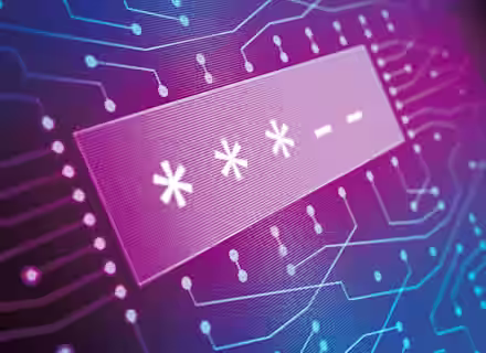 The image shows a digital representation of a password entry field, consisting of a series of asterisks and dashes, against a background filled with interconnected circuits. The colors are primarily shades of blue and purple, giving a futuristic, high-tech feel.