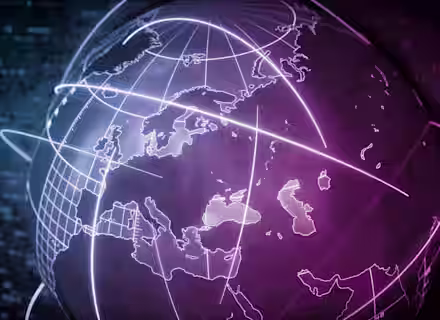 A digital rendering of a globe focused on Europe, displaying illuminated lines representing global connections or data transfer routes. The globe is highlighted in shades of purple against a dark, technology-inspired background with binary code patterns.