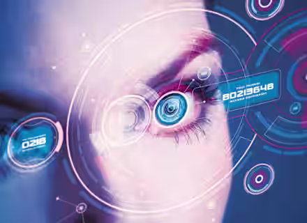 Close-up of a person's eye surrounded by futuristic digital interfaces and holographic elements in blue and red. The interfaces display various codes and data, suggesting advanced technology, such as biometric scanning or augmented reality.