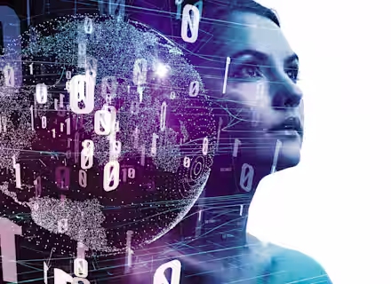 A woman's profile is digitally overlaid with binary code (0s and 1s), data particles, and a glowing sphere, creating a futuristic and technologically advanced aesthetic. The image blends human and digital elements in a high-tech conceptual design.