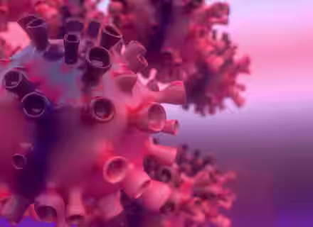 Close-up of a virus particle, showing a spherical structure with spike-like protrusions extending outward. The particle appears in shades of pink and purple against a blurred gradient background ranging from pink to lavender.