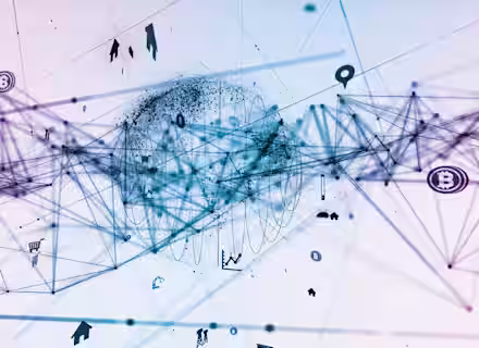 Abstract digital art featuring a blue and purple neuron-like network with interconnected lines and nodes. Various technological and financial icons, such as the Bitcoin symbol, Wi-Fi, and arrows, are integrated into the design, representing connectivity and innovation.