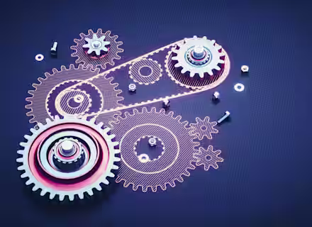 An artistic illustration of interlocking gears on a dark blue background. Various sizes of gears are connected and arranged with digital glowing outlines, displaying a mechanical and futuristic design concept. Spare bolts are scattered around the gears.