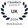A laurel wreath with the text “Chambers RANKED IN UK 2026 Mark Bowman” in the center, indicating a recognition or ranking by Chambers in the UK for the year 2026.