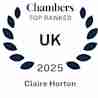 Laurel wreath emblem with the text "Chambers Top Ranked UK 2025" and the name "Claire Horton" beneath it.