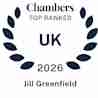 A dark blue laurel wreath encircles the words "Chambers Top Ranked UK 2026" with the name "Jill Greenfield" below, signifying an award or high ranking.
