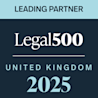 Logo featuring text: "Leading Partner" at the top, with "Legal 500" in the center, followed by "United Kingdom 2025" at the bottom. The background is a mix of light blue and dark blue.