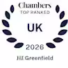 A dark blue laurel wreath encircles the words "Chambers Top Ranked UK 2026" with the name "Jill Greenfield" below, signifying an award or high ranking.