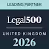 A badge with text reading "Leading Partner Legal 500 United Kingdom 2026" on a dark blue and light blue background.