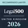 A badge with text: "RECOMMENDED LAWYER. Legal 500 United Kingdom 2026" on a light blue and dark blue background.