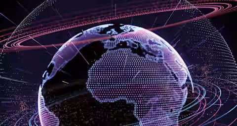 A digital representation of Earth with focus on Africa, showcasing a network of glowing points and interconnected lines. Surrounding the globe are various circular data trails and bright streaks, symbolizing global connectivity and data exchange.