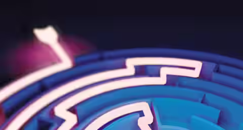 A close-up, digitally rendered image of a blue and purple maze with white, neon-like pathways. The focus is on an arrow-shaped pathway leading to the center of the maze. The background is dark, providing contrast to the bright maze.