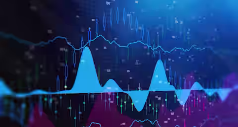 A colorful financial chart displaying multiple overlapping line graphs and bar charts in shades of blue, green, pink, and purple, set against a dark background. The image depicts financial data with various peaks, valleys, and gridlines.