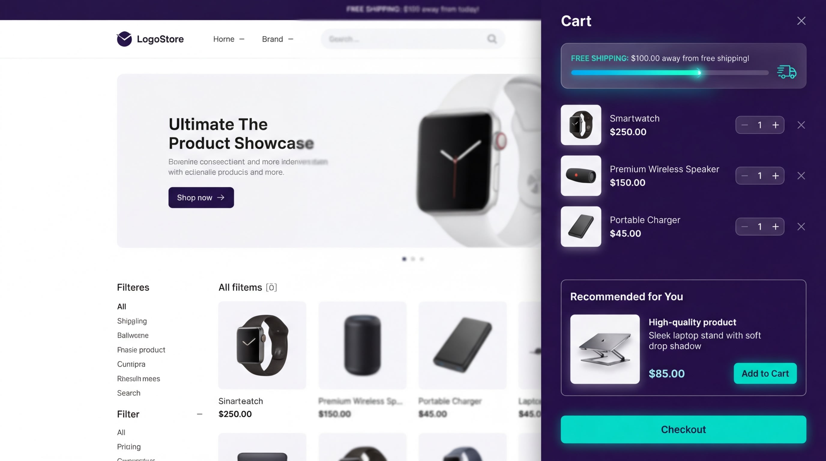A beautifully designed slide cart drawer showing an upsell item and a free shipping progress bar
