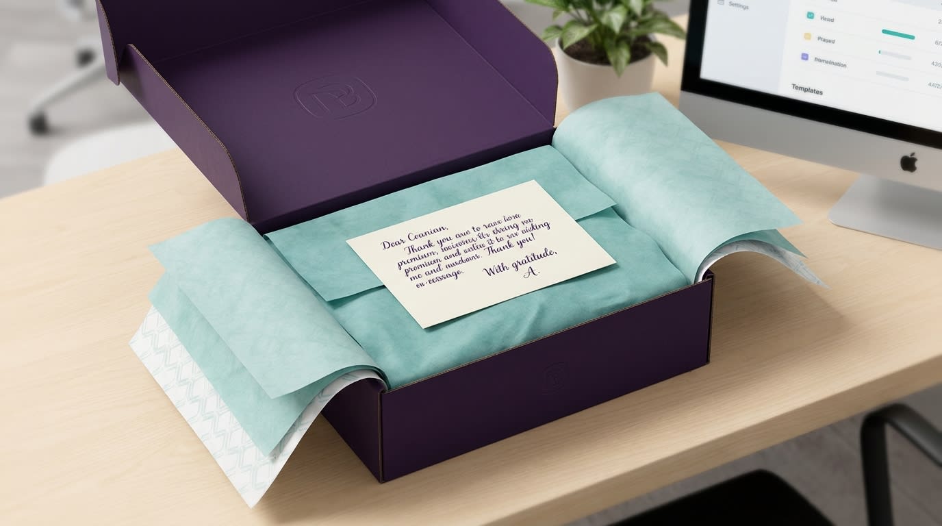 A branded cardboard box opened to reveal custom tissue paper and a handwritten founder note
