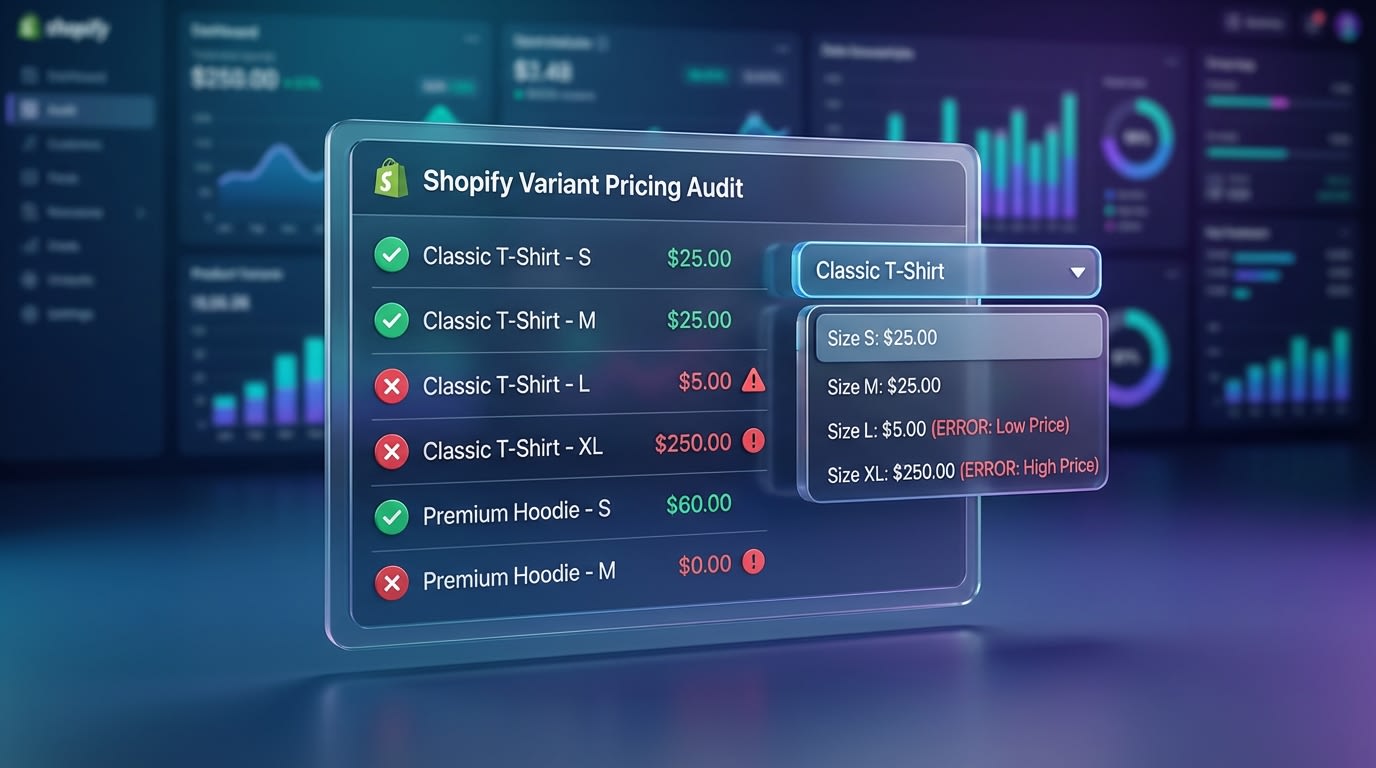 A checklist graphic highlighting common pricing errors in Shopify variants
