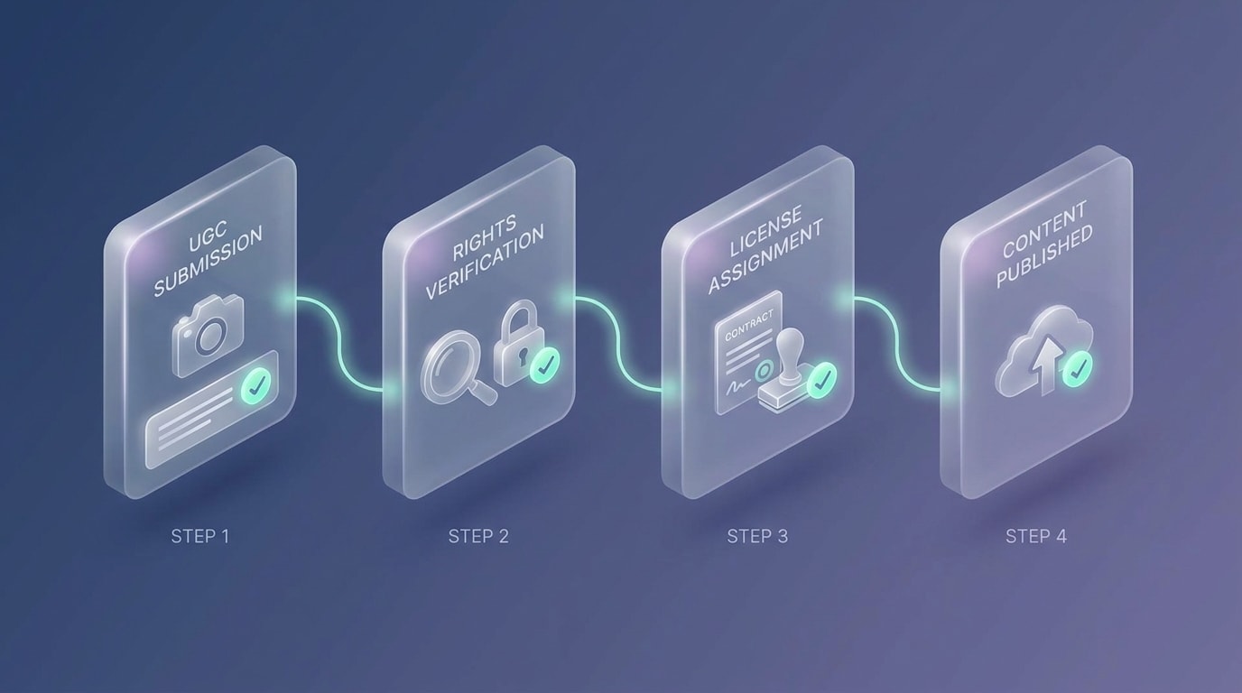 A checklist graphic showing the steps for securing digital rights management for UGC