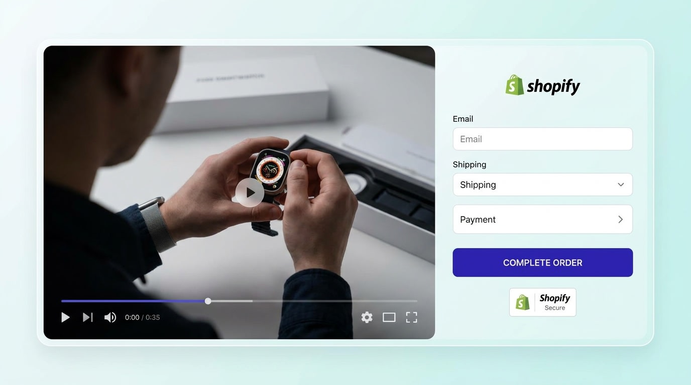 A clean landing page showing a seamless video playing alongside a perfectly branded Shopify checkout overlay