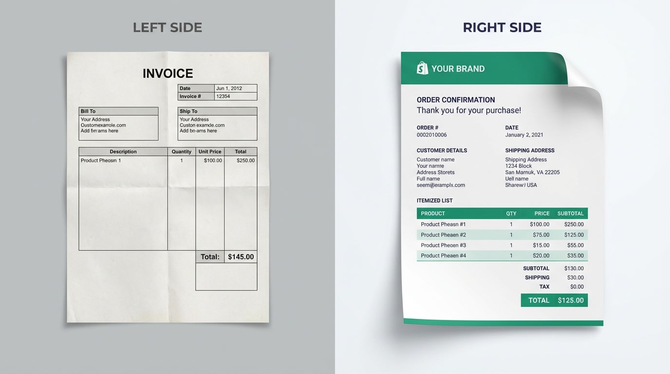 A comparison between a generic invoice and a branded Shopify invoice
