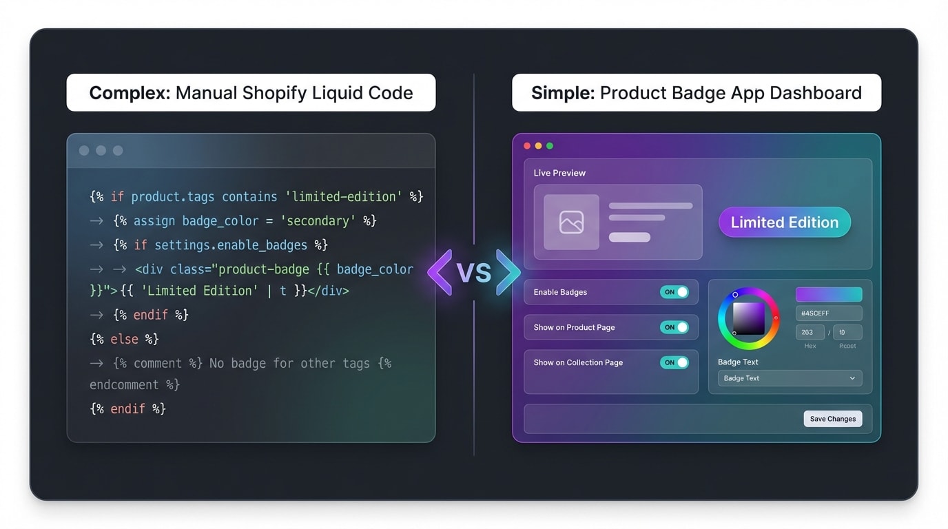 A comparison graphic showing native Shopify Liquid code structures versus a dedicated badge app interface