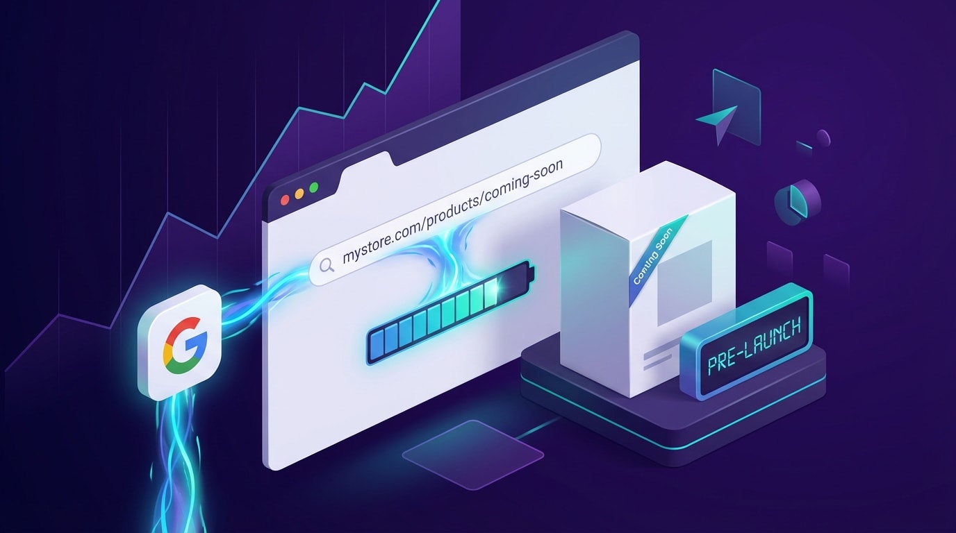 A conceptual illustration showing a Shopify product page URL gaining Google ranking power while the product itself is in a "coming soon" state