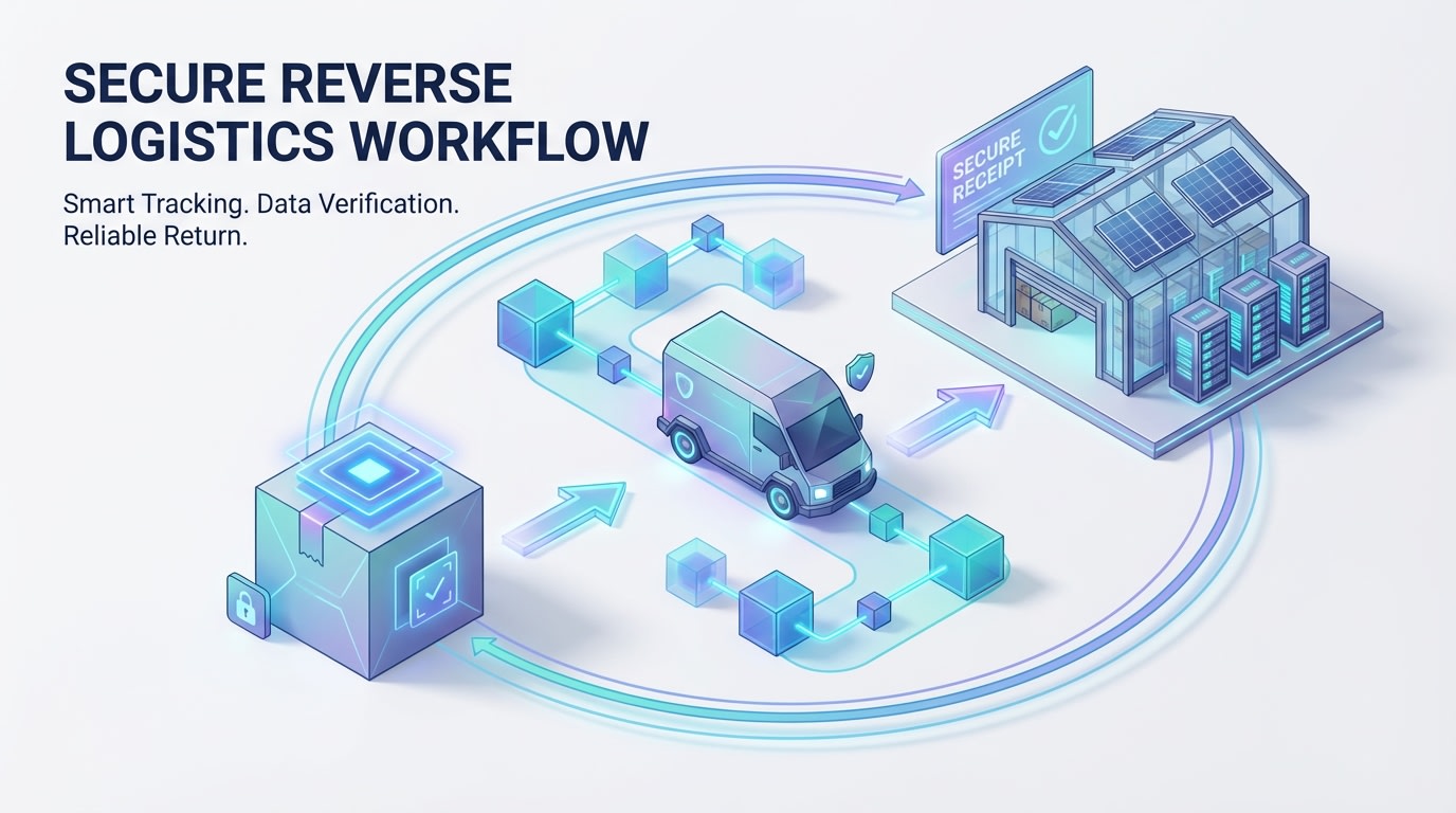 A diagram showing a secure reverse logistics flow from customer back to the warehouse using tracked labels