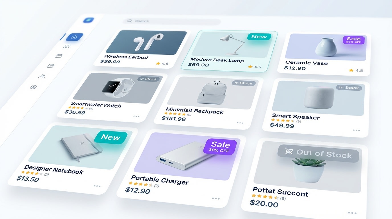 A grid of products showing different types of badges like New, Sale, and Out of Stock