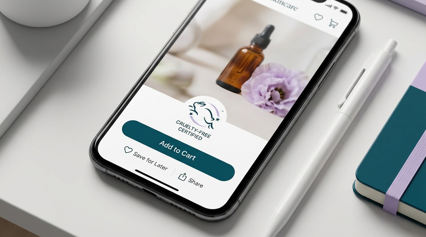 A mobile view of a product page showing a Leaping Bunny badge positioned directly above the Add to Cart button
