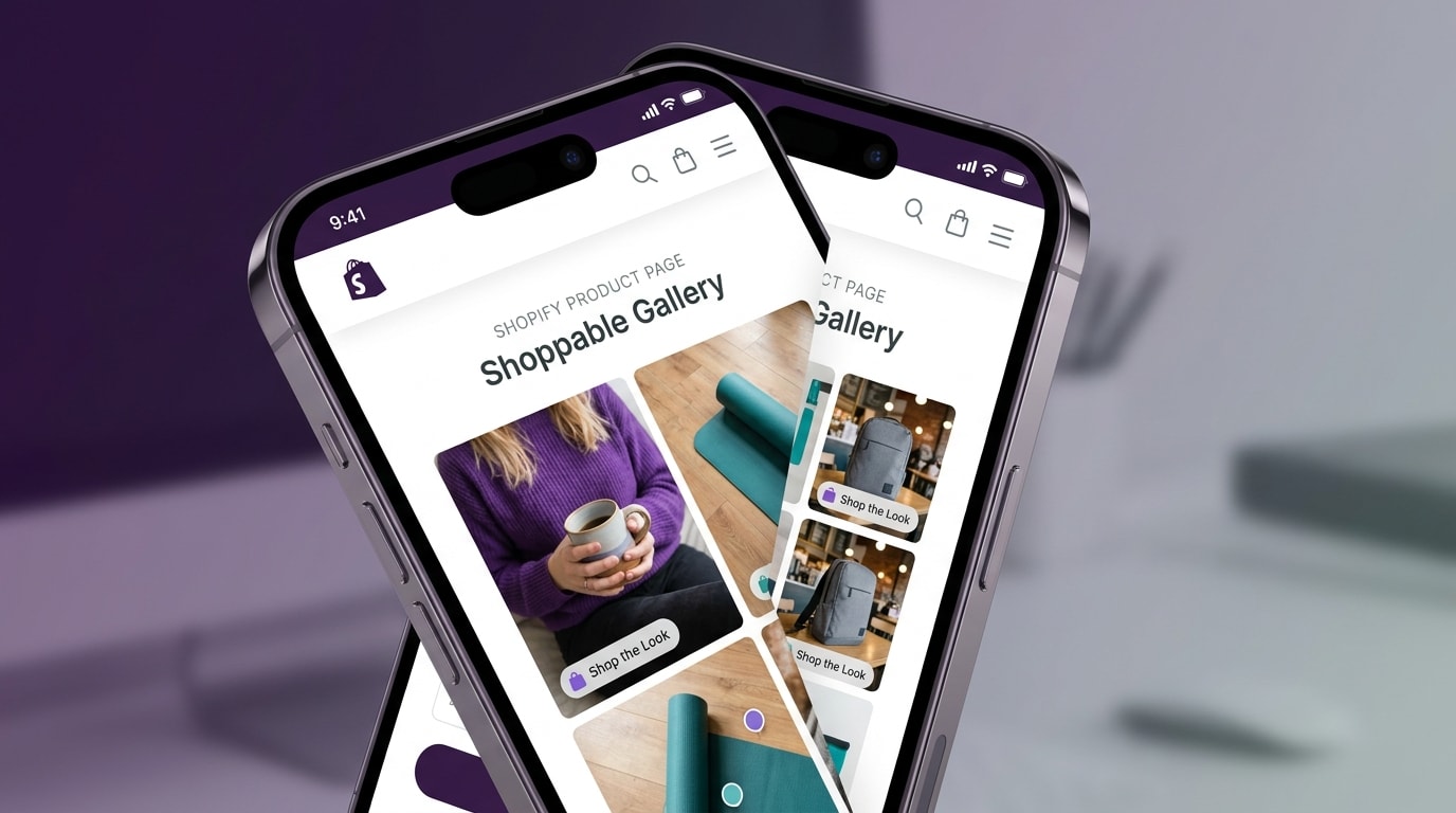 A mobile view of a Shopify store showing a shoppable customer photo gallery widget on the product page