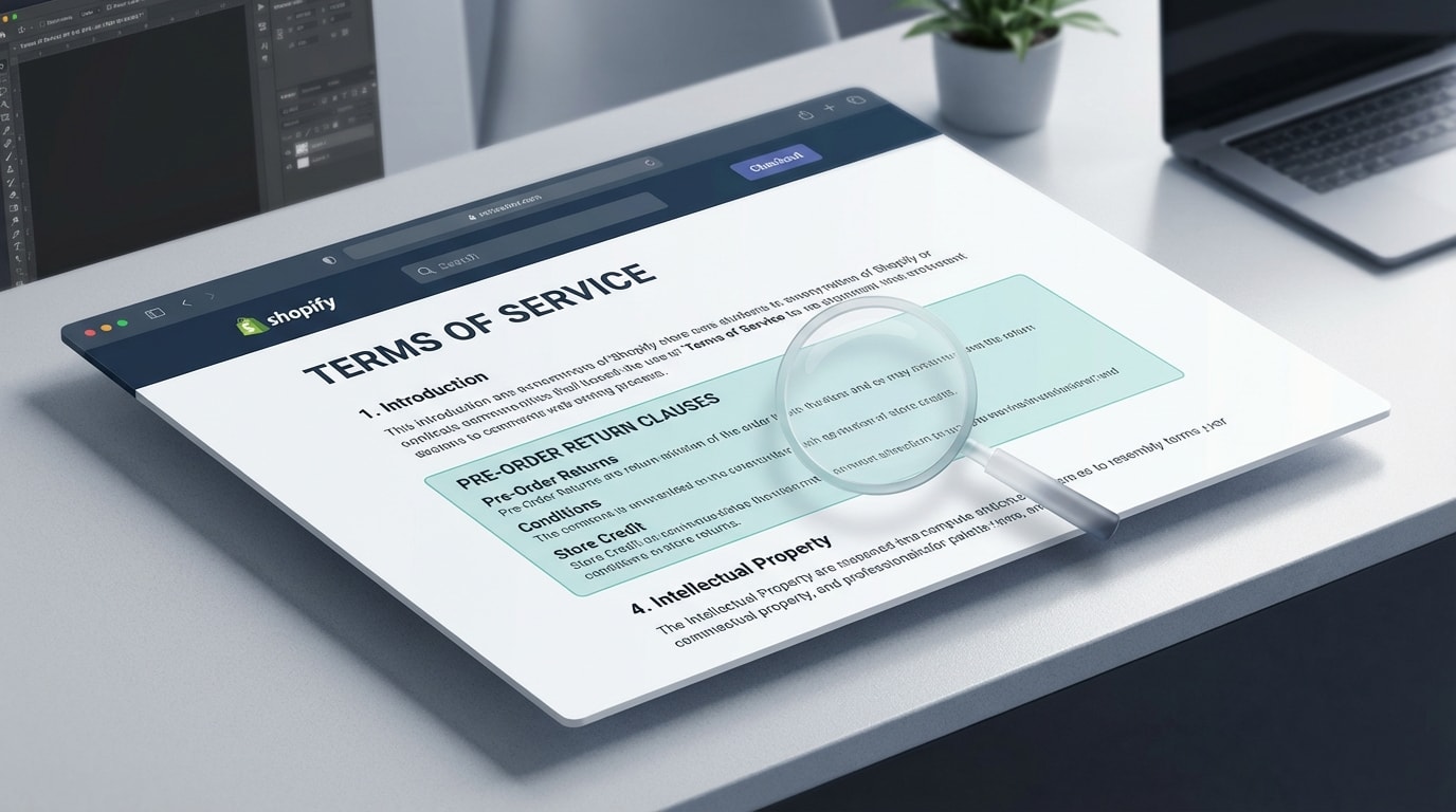 A mockup of a well-formatted Shopify Terms of Service page highlighting pre-order specific return clauses