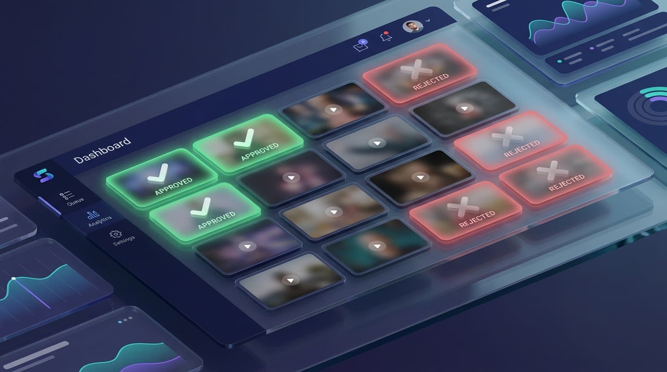 A moderation queue showing approved and rejected user-generated videos