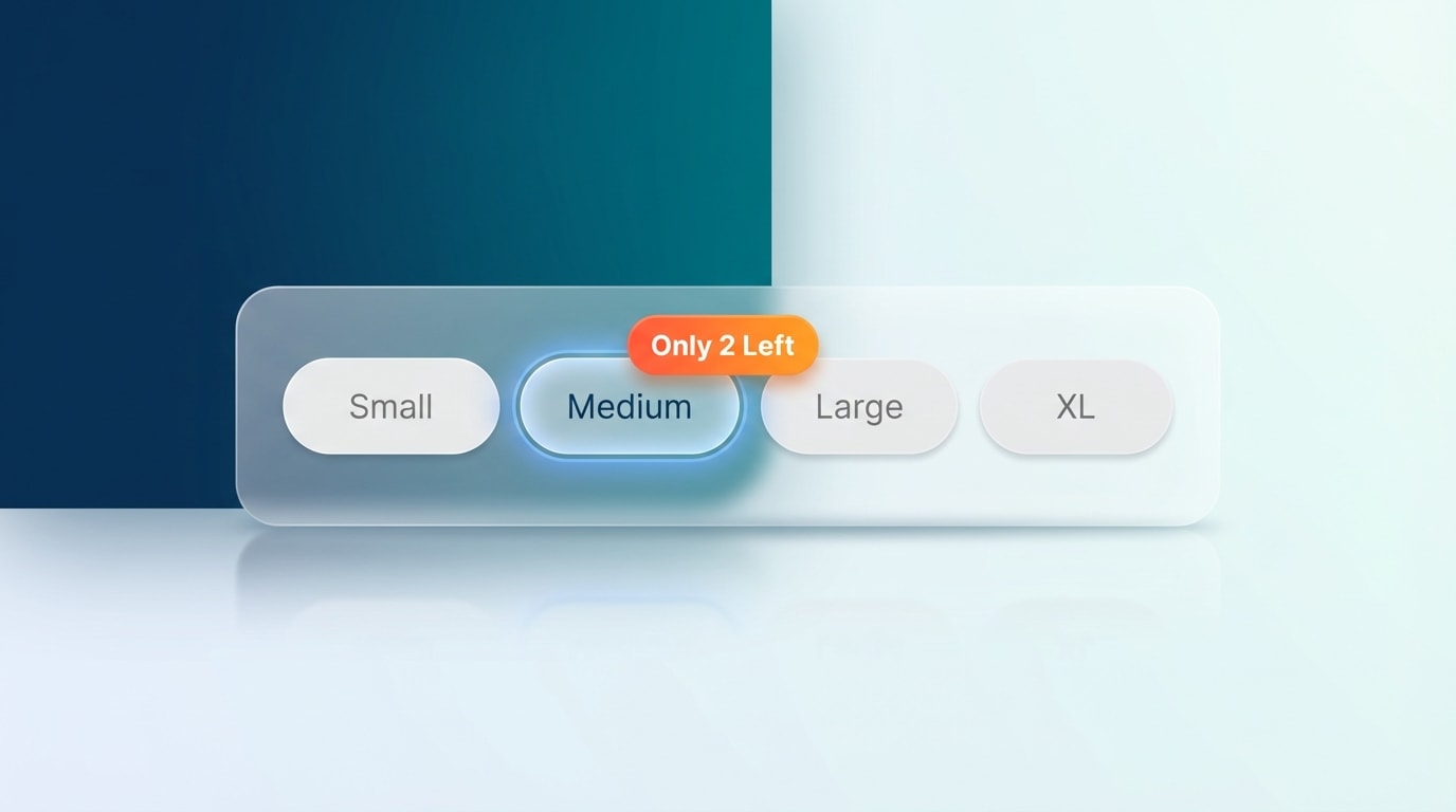 A product page showing a specific size variant (Medium) triggering an 'Only 2 Left' badge, while other sizes show no badge