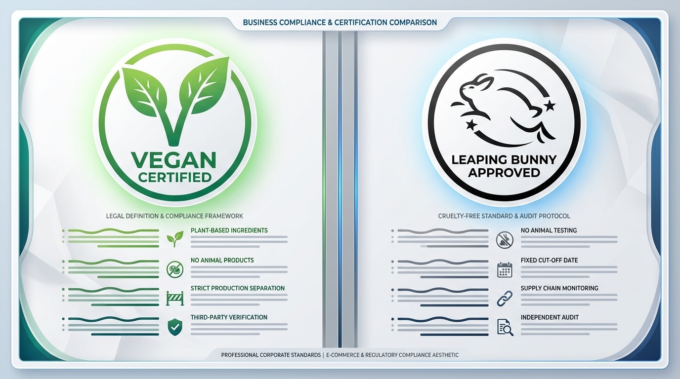 A side-by-side comparison graphic of a green Vegan leaf logo and the Leaping Bunny logo with brief legal definitions underneath