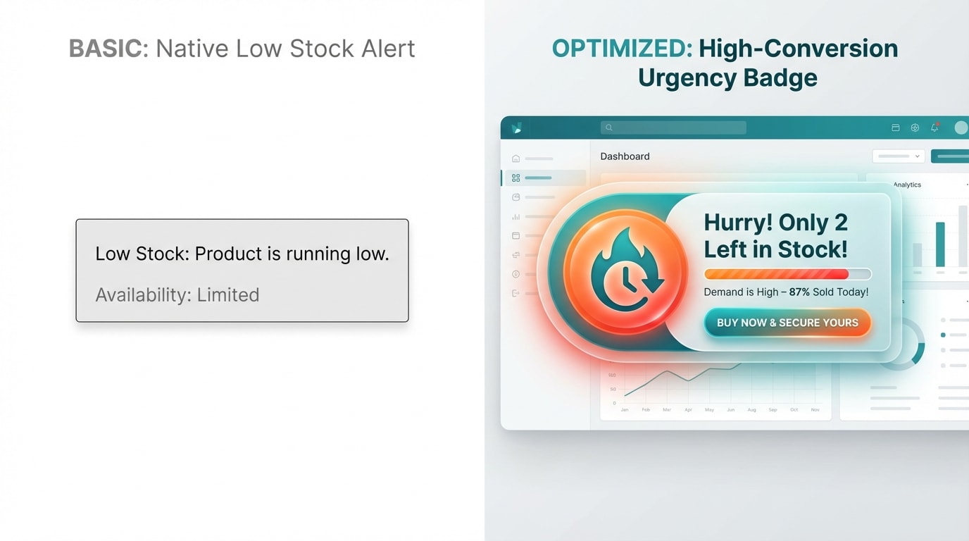 A side-by-side comparison of a basic Shopify native text block next to a highly customized, colorful low stock badge triggering urgency