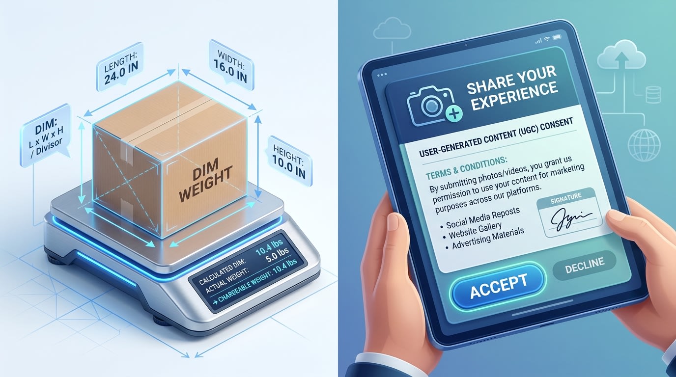 A split screen showing a shipping scale calculating DIM weight next to a digital legal consent form for UGC