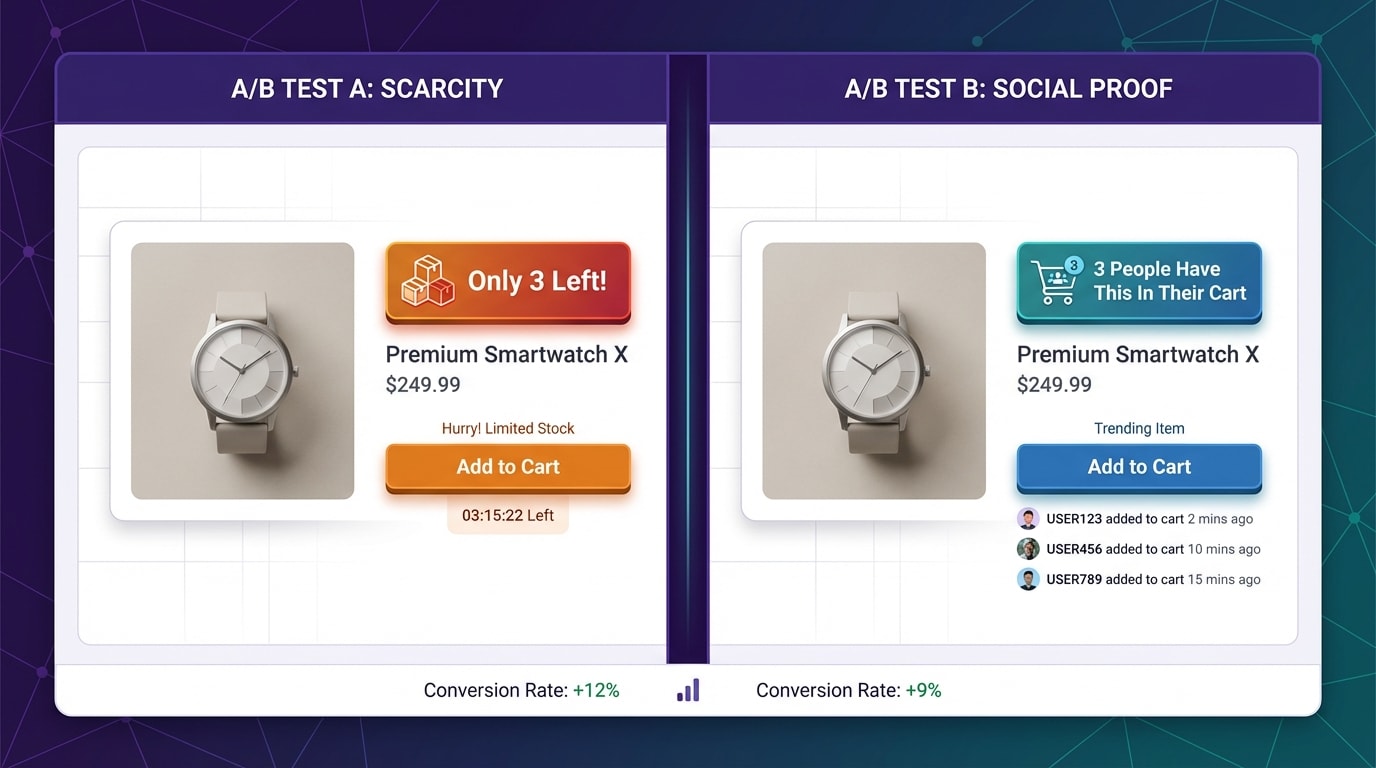 A split-test graphic showing "Only 3 Left!" versus "3 People Have This In Their Cart"
